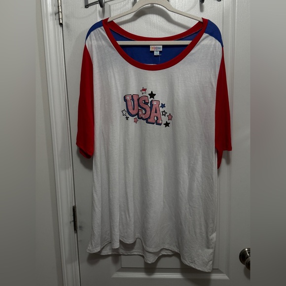 LuLaRoe Boyfriend Tee 2XL USA Americana Patriotic Red White Blue Stars Stripes - Picture 1 of 13